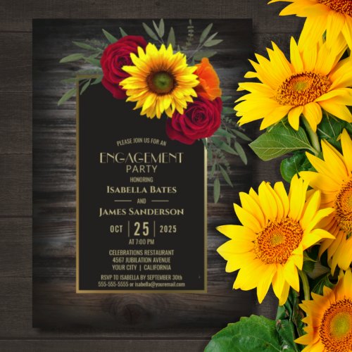 Rustic Wood Sunflower Rose Engagement Party Invitation