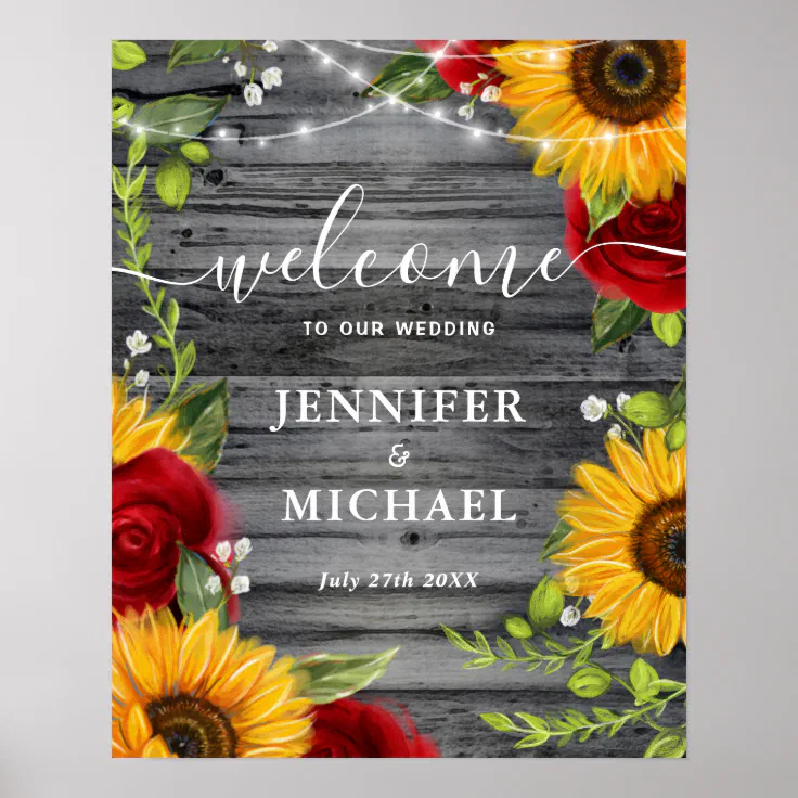Rustic Sunflowers Vintage Personalised Wedding Order Of The Day Cards & Signs 