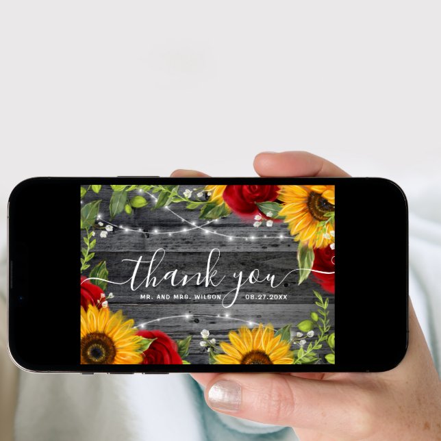 Rustic Wood Sunflower Rose Wood Wedding Thank You Holiday Card (Front Digital)