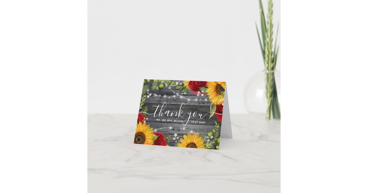 Rustic Wood Sunflower Rose Wood Wedding Thank You Holiday Card | Zazzle