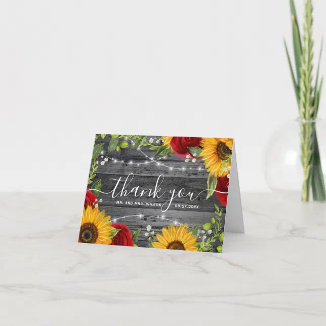 Rustic Wood Sunflower Rose Wood Wedding Thank You Holiday Card | Zazzle