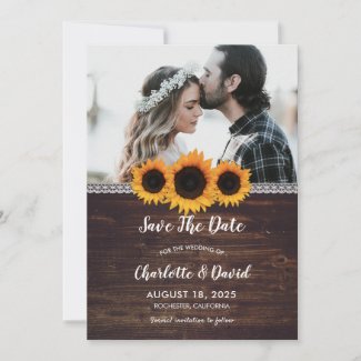 Rustic Wood & Sunflower Save The Date Photo Cards