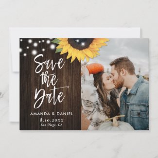 Rustic Wood Sunflower Save The Date Photo Cards