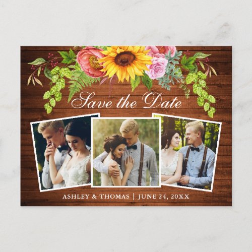 Rustic Wood Sunflower Save the Date Photo Invitation Postcard