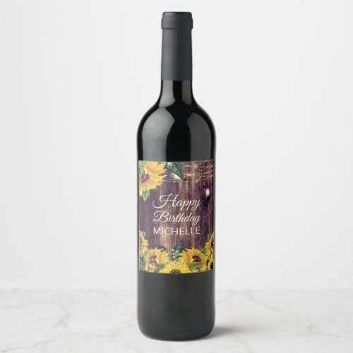 Rustic Wood Sunflower String Light Happy Birthday Wine Label