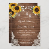 Rustic Wood Sunflower String Light Lace Mason Jars Invitation (Front/Back)