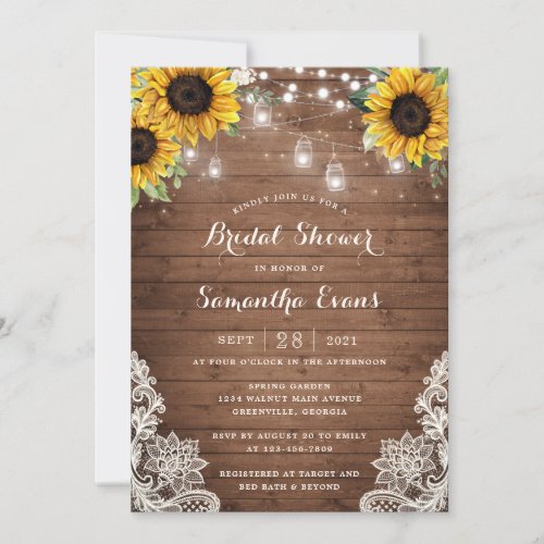 Rustic Wood Sunflower String Light Lace Mason Jars Invitation