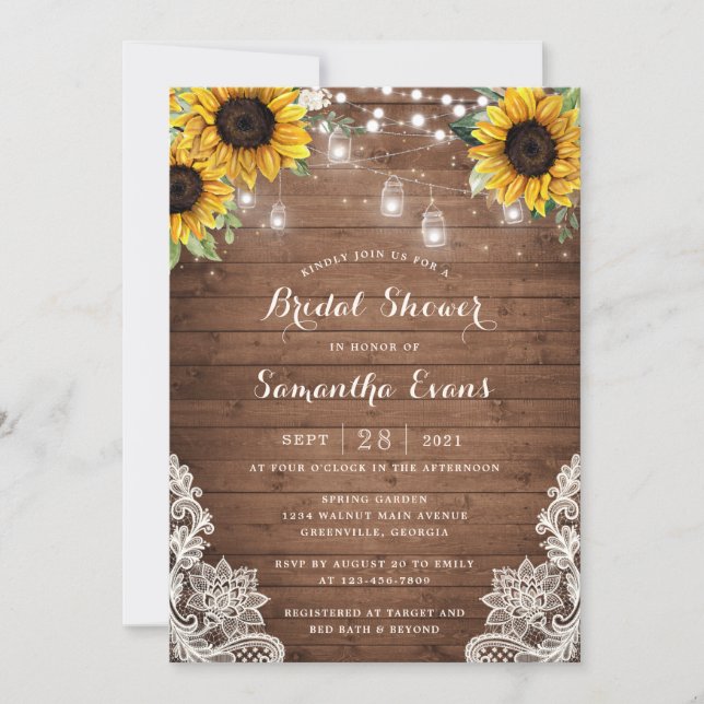 Rustic Wood Sunflower String Light Lace Mason Jars Invitation (Front)
