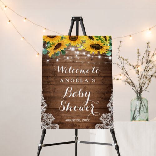 Rustic Wood Sunflower String Lights Baby Shower Foam Board - Rustic Wood Sunflower String Lights Baby Shower Sign Foam Board. 
(1) The default size is 18 x 24 inches, you can change it to other size.  
(2) For further customization, please click the "customize further" link and use our design tool to modify this template.