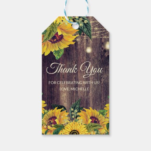 Rustic Wood Sunflower String Lights Birthday Gift Tags