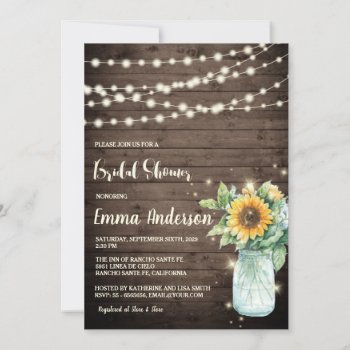 Rustic Wood Sunflower String Lights Bridal Shower Invitation by riverme at Zazzle