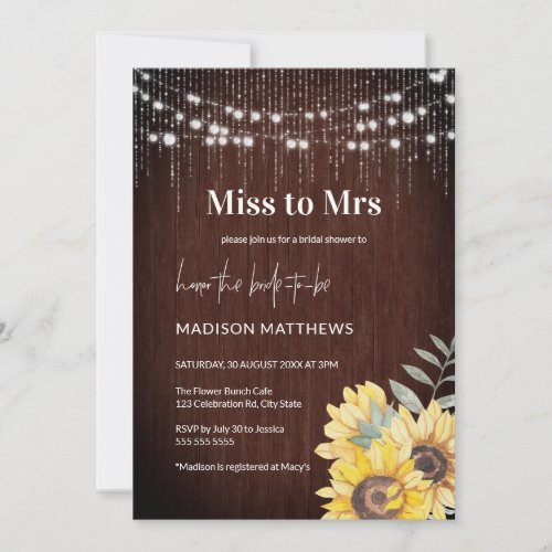 Rustic Wood Sunflower String Lights Bridal Shower Invitation