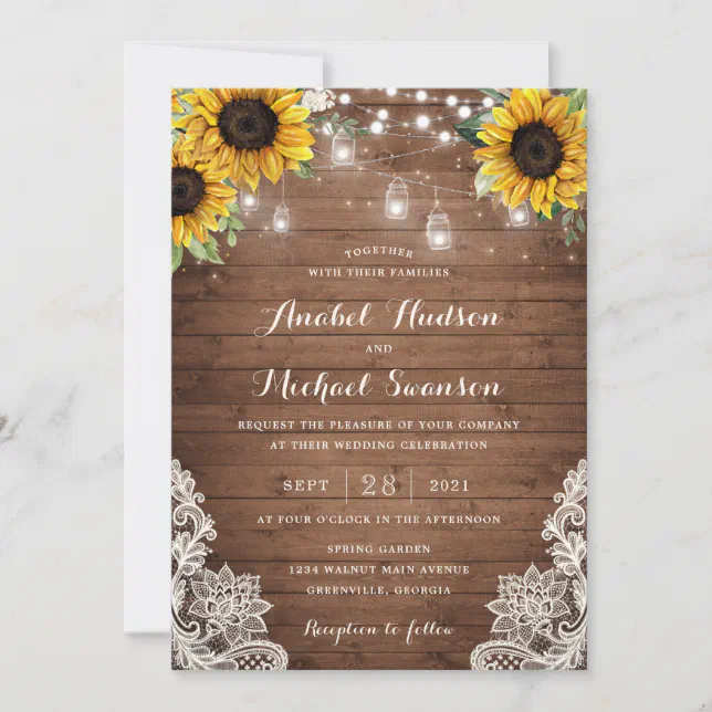 Rustic Wood Sunflower String Lights Lace Mason Jar Invitation | Zazzle