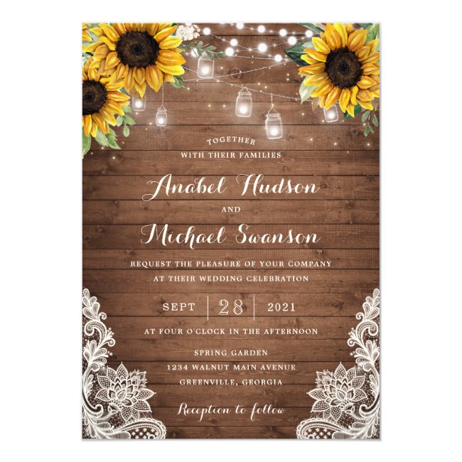 Rustic Wood Sunflower String Lights Lace Mason Jar Invitation