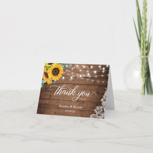 Rustic Wood Sunflower String Lights Lace Thank You Card