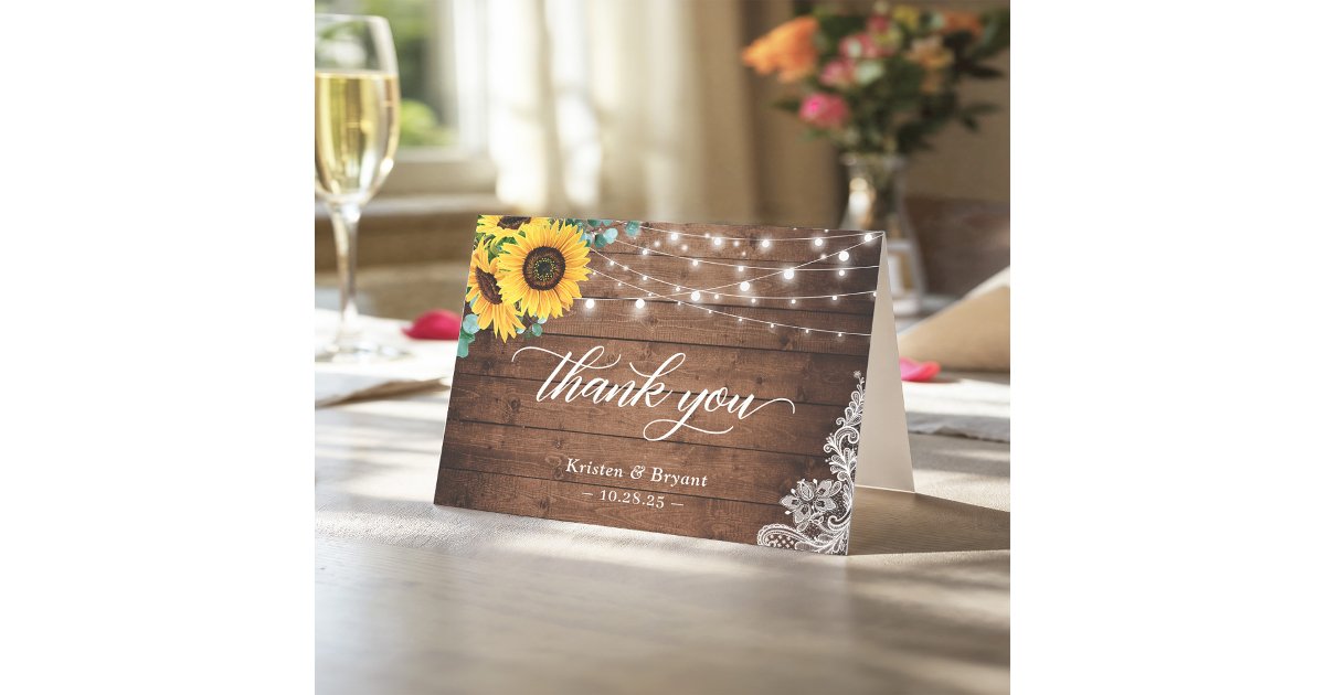 Rustic Wood Sunflower String Lights Lace Thank You Card | Zazzle