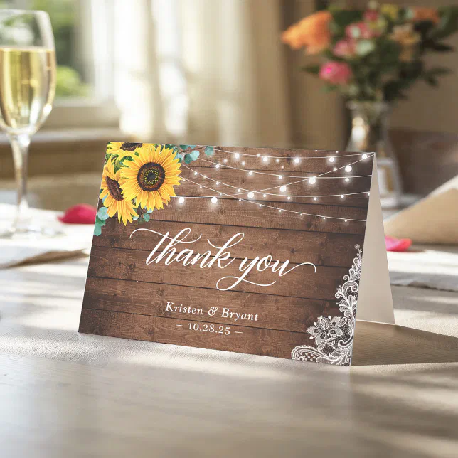 Rustic Wood Sunflower String Lights Lace Thank You Card | Zazzle