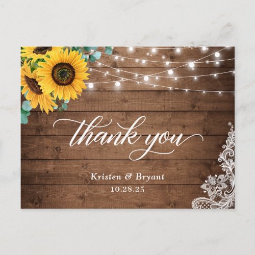 Rustic Wood Sunflower String Lights Lace Thank You Postcard - Rustic Country Sunflower String Lights Thank You Postcard. 
(1) For further customization, please click the "customize further" link and use our design tool to modify this template.
(2) If you need help or matching items, please contact me.