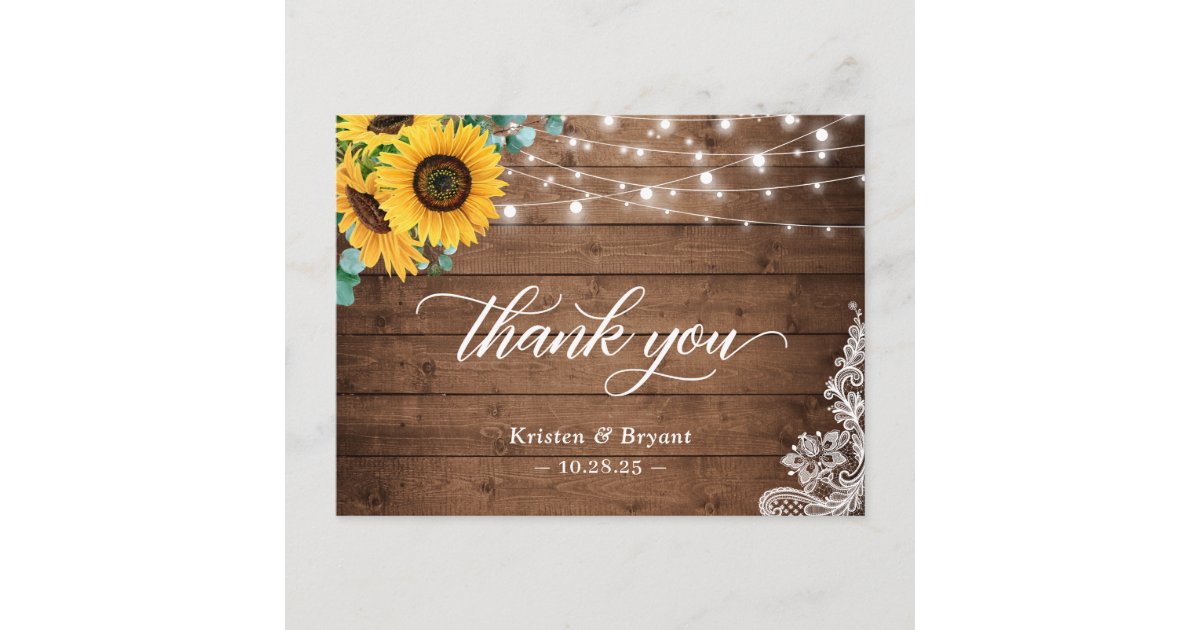 Rustic Wood Sunflower String Lights Lace Thank You Postcard | Zazzle