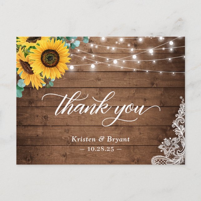 Rustic Wood Sunflower String Lights Lace Thank You Postcard (Front)