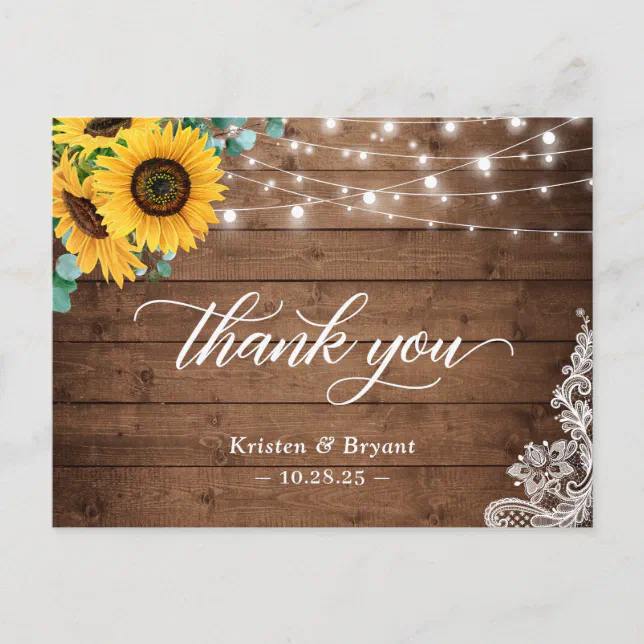 Rustic Wood Sunflower String Lights Lace Thank You Postcard | Zazzle