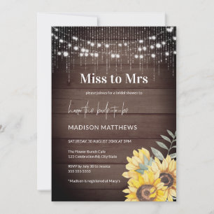 Rustic Wood Sunflower String Lights Miss to Mrs Invitation