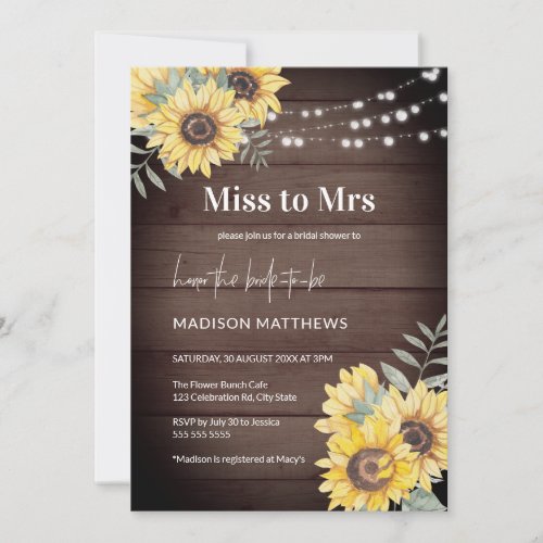 Rustic Wood Sunflower String Lights Miss to Mrs  Invitation