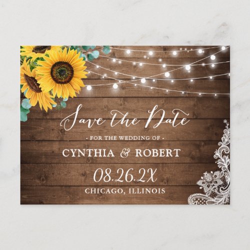 Rustic Wood Sunflower String Lights Save the Date Postcard - Rustic Wood Sunflower String Lights Photo Save the Date Postcard