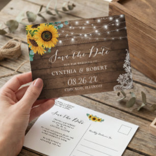 Rustic Wood Sunflower String Lights Save the Date Postcard