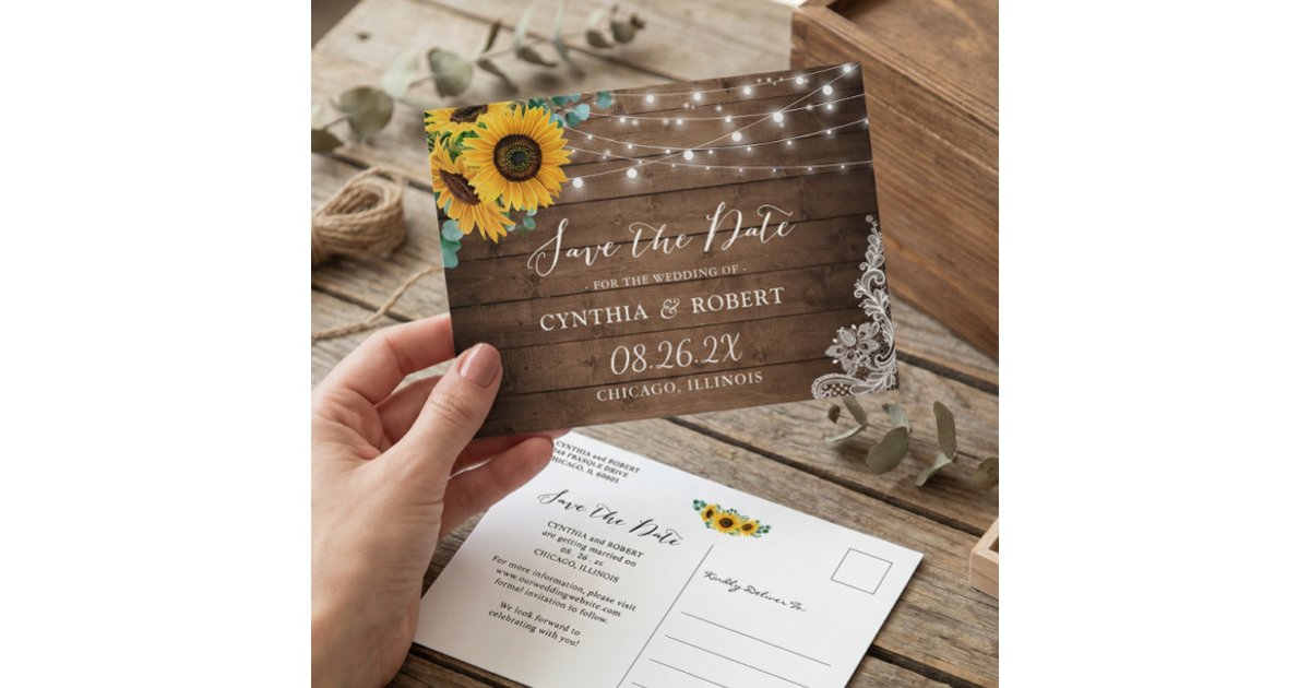 Rustic Wood Sunflower String Lights Save the Date Postcard | Zazzle