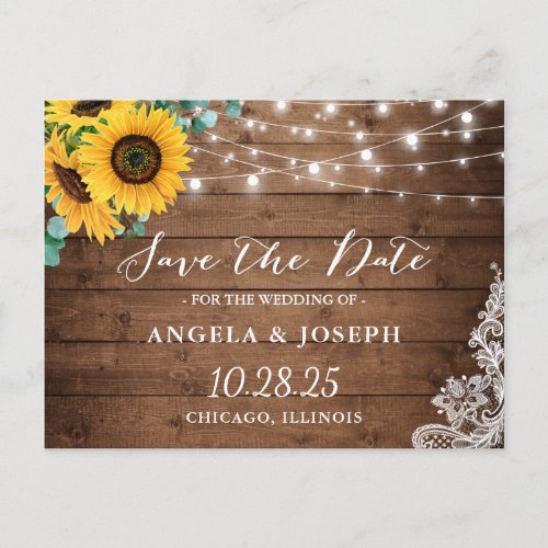 Rustic Wood Sunflower String Lights Save the Date Postcard - Rustic Country Sunflower String Lights Save the Date Postcard. 
(1) For further customization, please click the "customize further" link and use our design tool to modify this template.
(2) If you need help or matching items, please contact me.