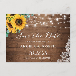 Rustic Wood Sunflower String Lights Save the Date Postcard