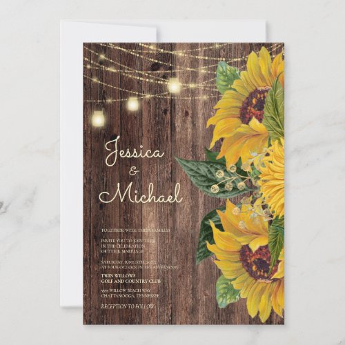 Rustic Wood Sunflower String Lights Wedding Invitation