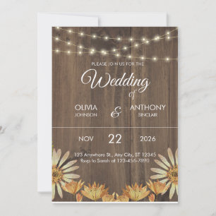 Rustic Wood Sunflower String Lights Wedding Invitation