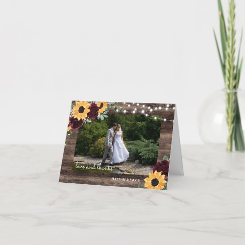 Rustic Wood Sunflower String Lights Wedding Photo  Thank You Card