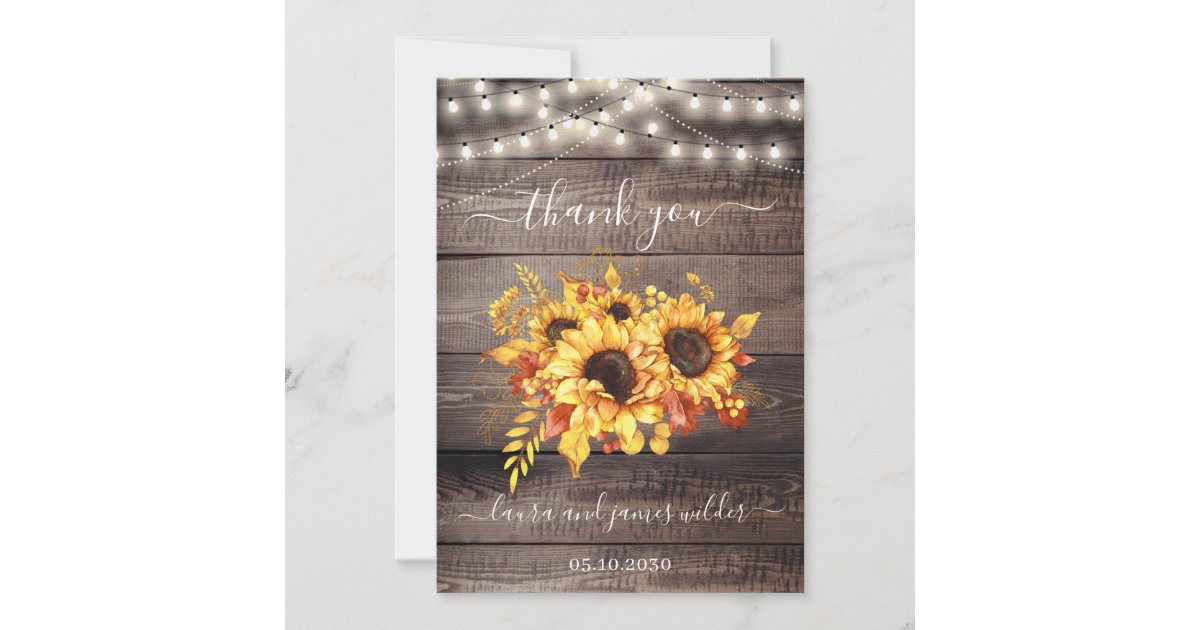 Rustic Wood Sunflower String Lights Wedding Thank You Card | Zazzle