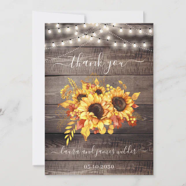 Rustic Wood Sunflower String Lights Wedding Thank You Card | Zazzle