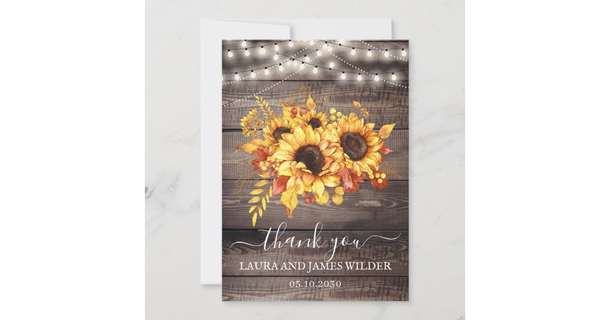 Rustic Wood Sunflower String Lights Wedding Thank You Card | Zazzle
