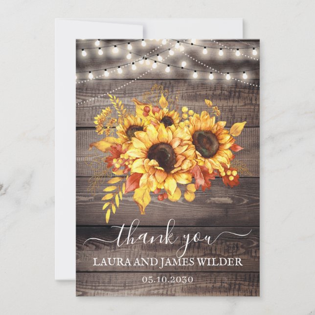 Rustic Wood Sunflower String Lights Wedding Thank  You Card (Front)