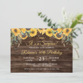 Rustic Wood Sunflower Surprise Birthday Party Invitation (Standing Front)