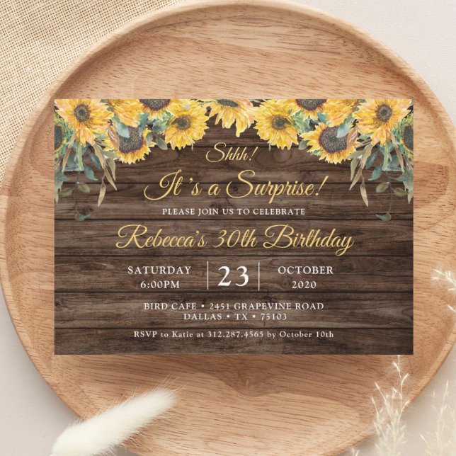 Rustic Wood Sunflower Surprise Birthday Party Invitation