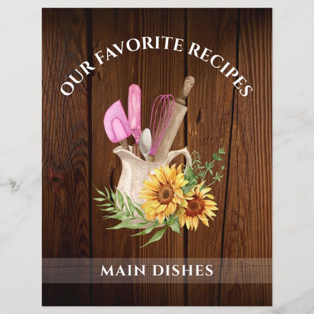 Rustic Wood Sunflower Tabbed Recipe Binder Divider (Front)