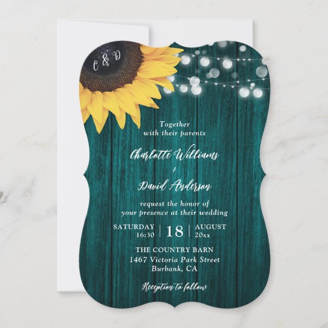 Rustic Wood Sunflower Teal Wedding Invitations (Front)