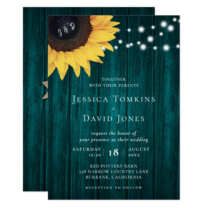 Rustic Wood Sunflower Teal Wedding Invitations