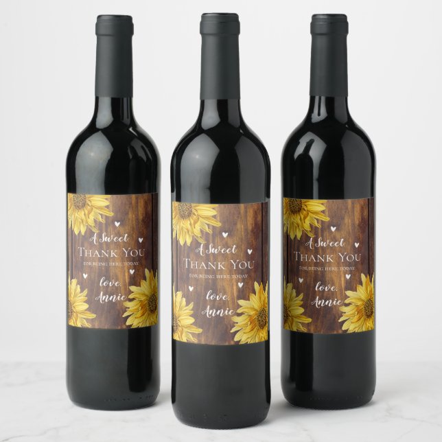 Rustic Wood Sunflower Thank you Bridal Shower Gift Wine Label (Bottles)
