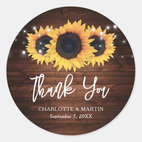 Rustic Wood Sunflower Thank You Wedding Favor Classic Round Sticker