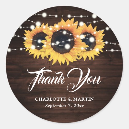 Rustic Wood Sunflower Thank You Wedding Favor Classic Round Sticker