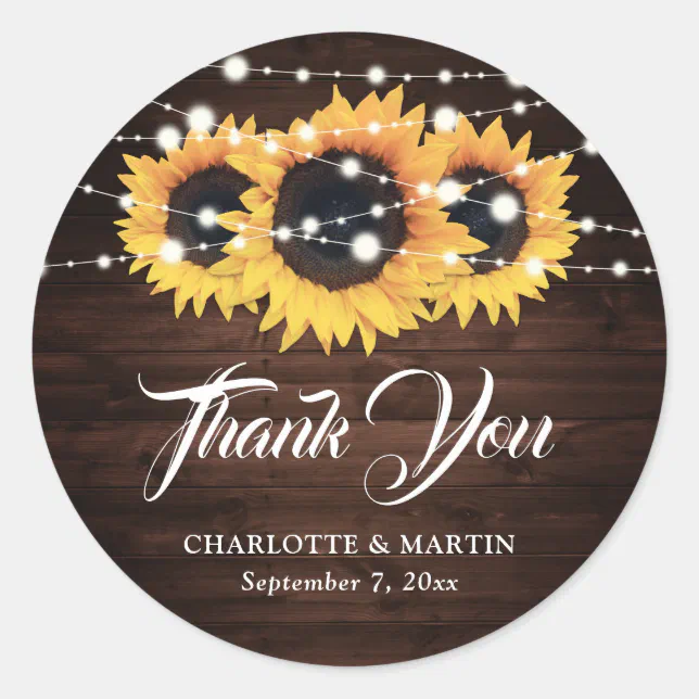 Rustic Wood Sunflower Thank You Wedding Favor Classic Round Sticker ...