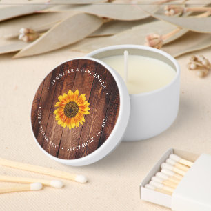 Rustic wood sunflower thank you wedding mini candle favors