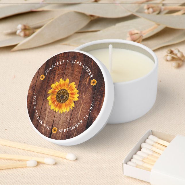 Rustic wood sunflower thank you wedding mini candle favors (Insitu)
